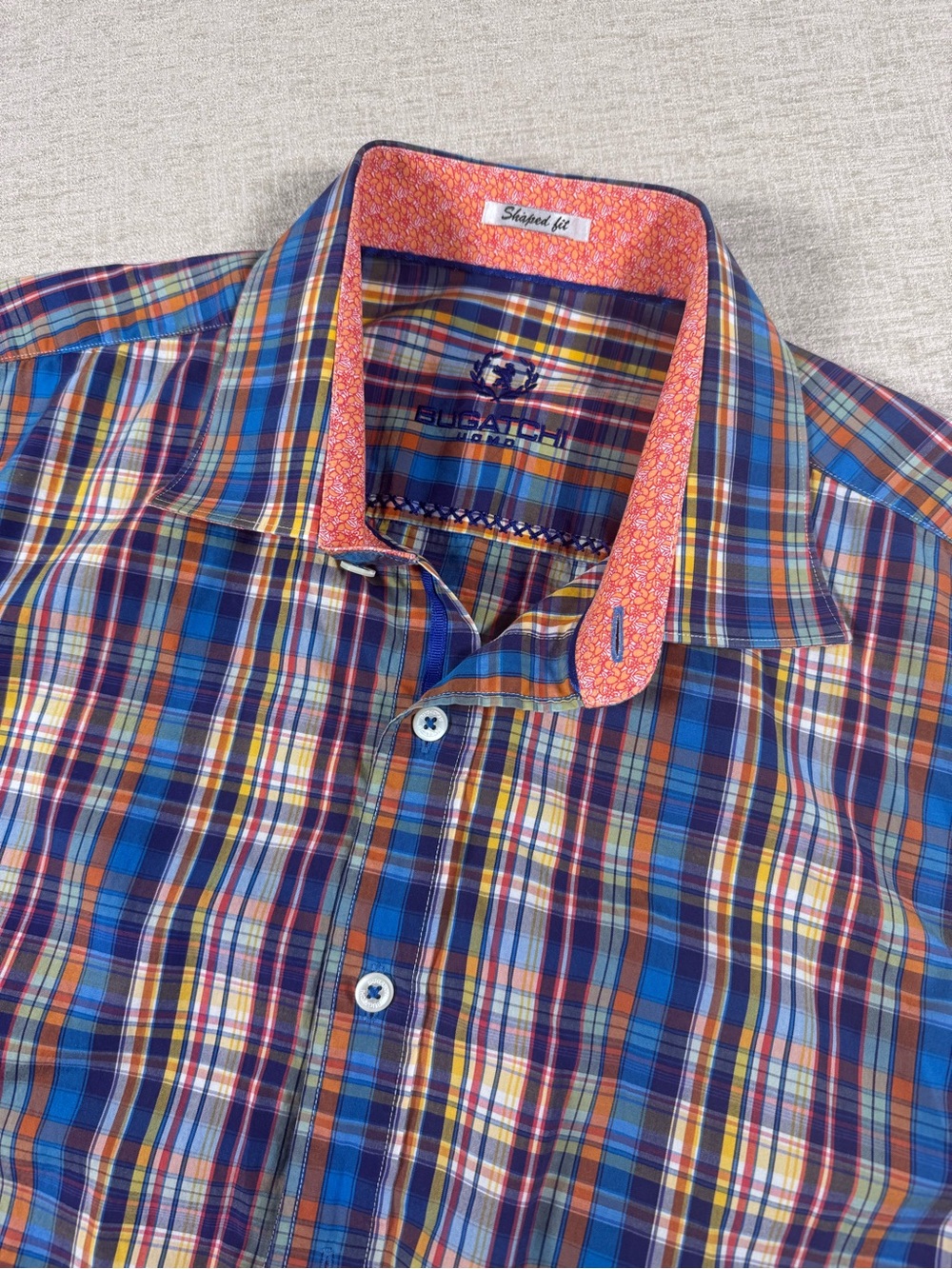 Bugatchi Uomo Multicolor Plaid Button-Down Shirt with Coral Trim L